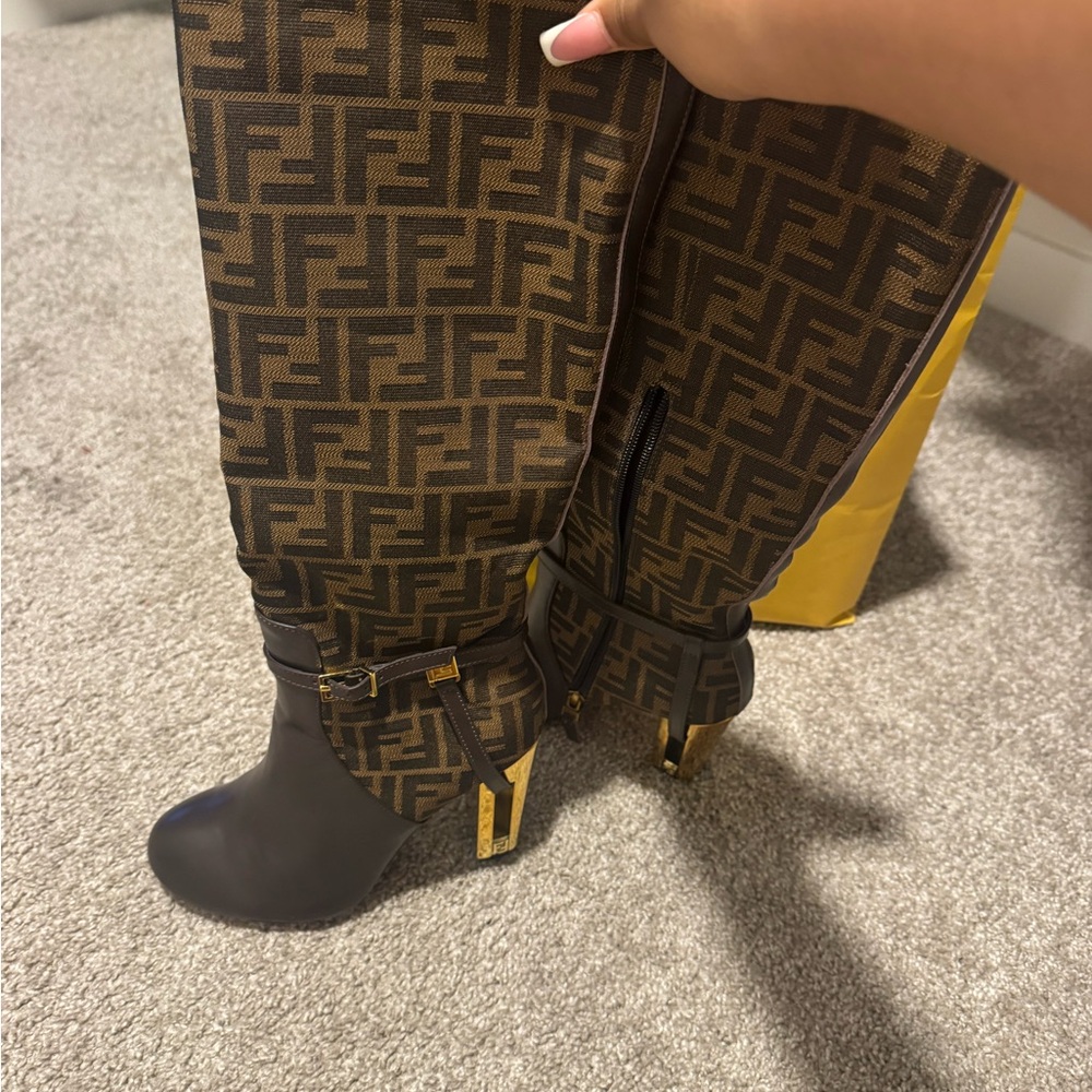 Brown and Gold Patterned Heeled Boots